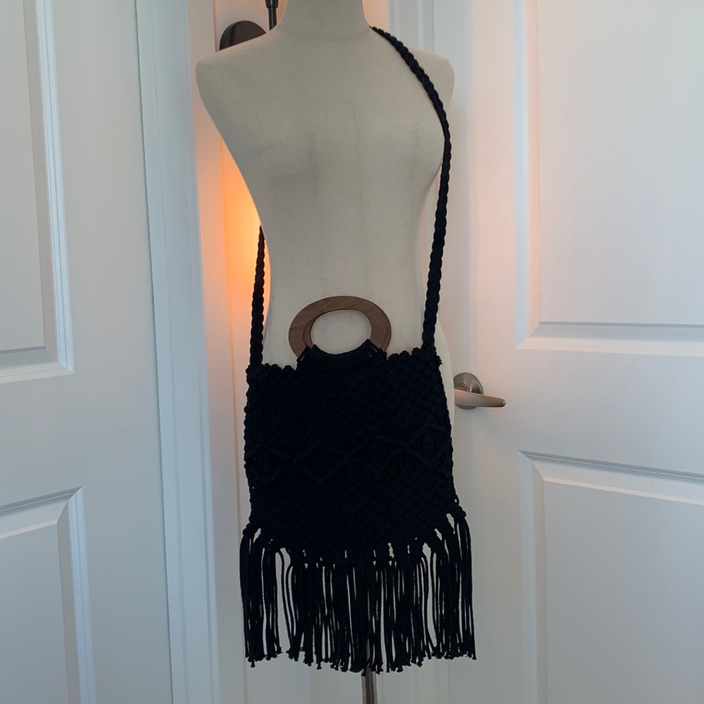 Black Bohemian Purse with Wood Handle - Picture 4 of 5